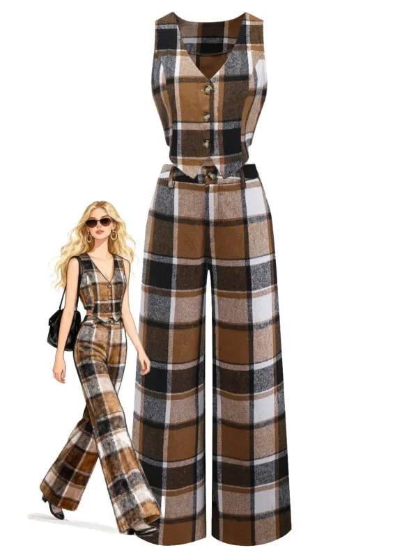 2PCS Khaki 1950s Faux Wool Plaid Sleeveless Vest & Pants sold by Retro Stage