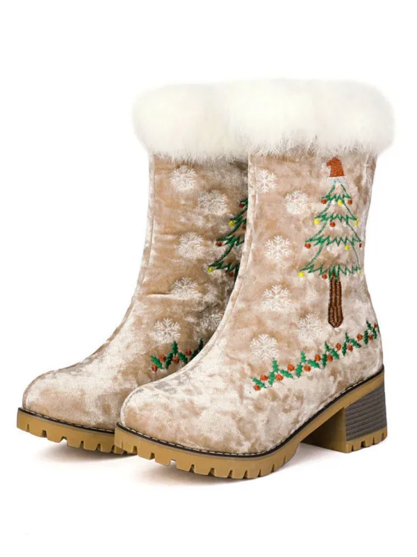 Vintage Christmas Tree Snowflake Plush Chunky Heel Boots sold by Retro Stage