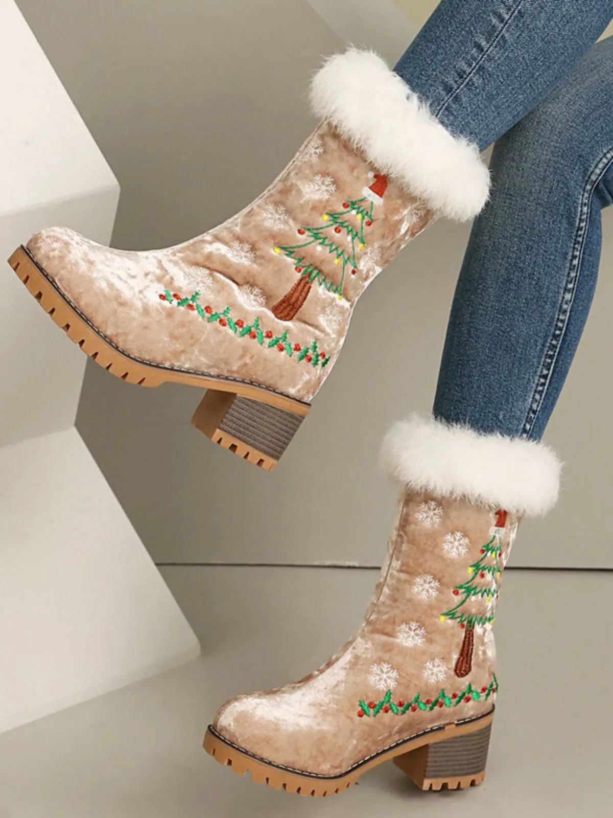 Vintage Christmas Tree Snowflake Plush Chunky Heel Boots sold by Retro Stage product image thumbnail 3