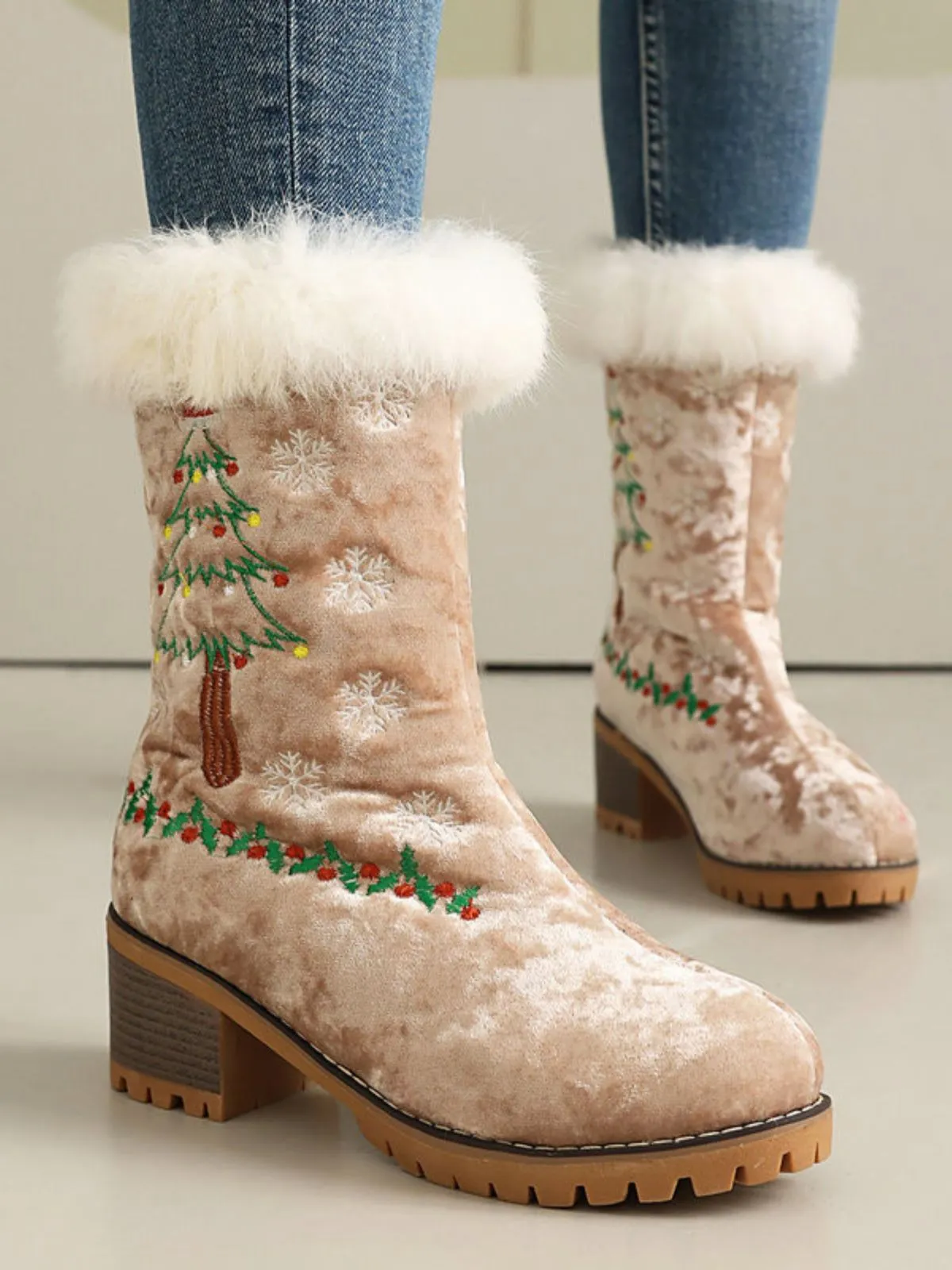 Vintage Christmas Tree Snowflake Plush Chunky Heel Boots sold by Retro Stage product image thumbnail 5