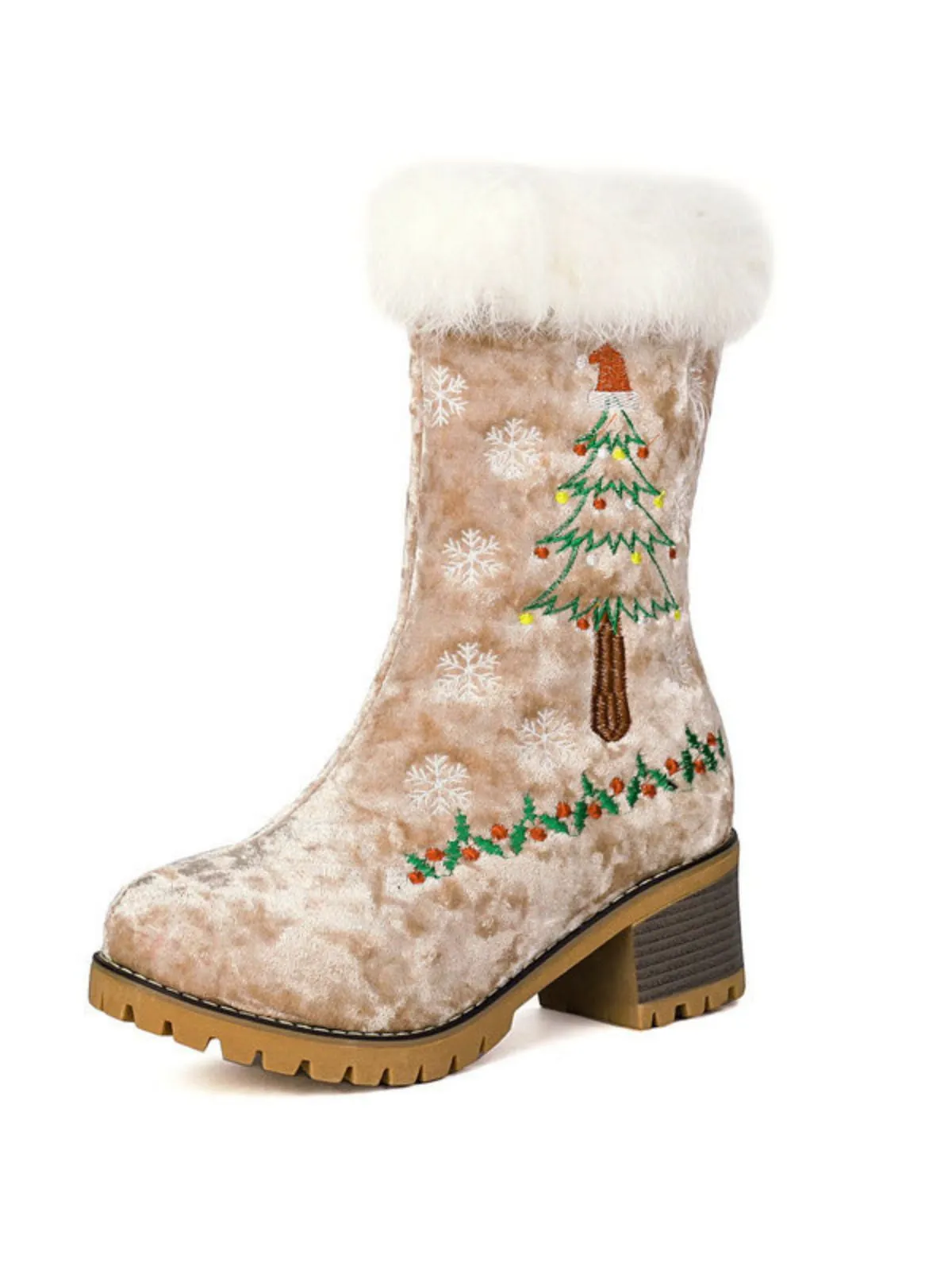 Vintage Christmas Tree Snowflake Plush Chunky Heel Boots sold by Retro Stage product image thumbnail 2