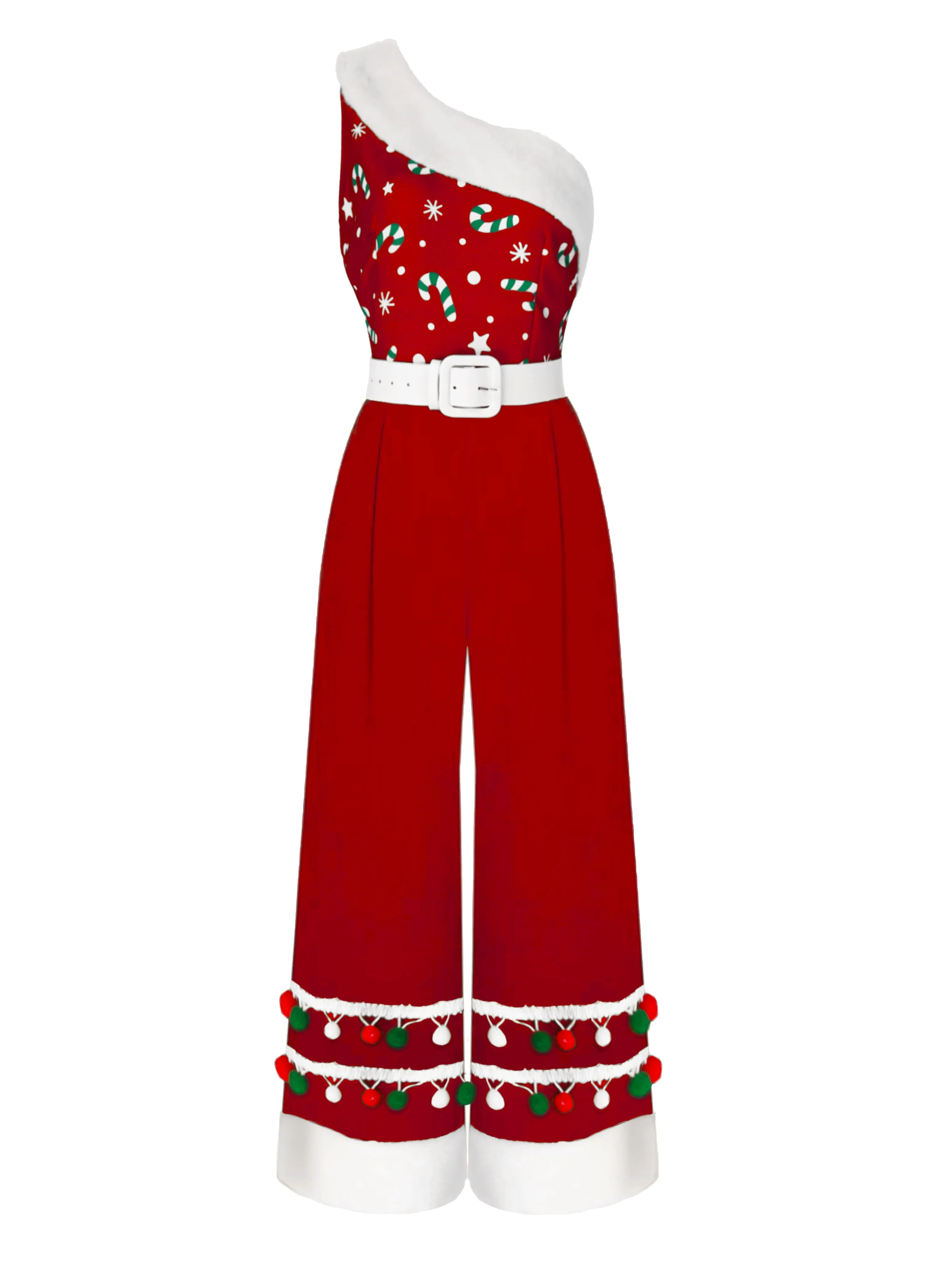 Blue 1950s Christmas One Shoulder Fur Ball Belted Jumpsuit sold by Retro Stage product image thumbnail 3