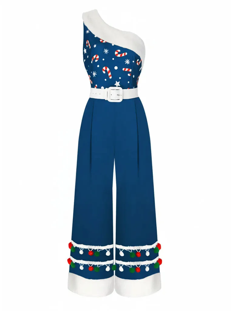 Blue 1950s Christmas One Shoulder Fur Ball Belted Jumpsuit sold by Retro Stage