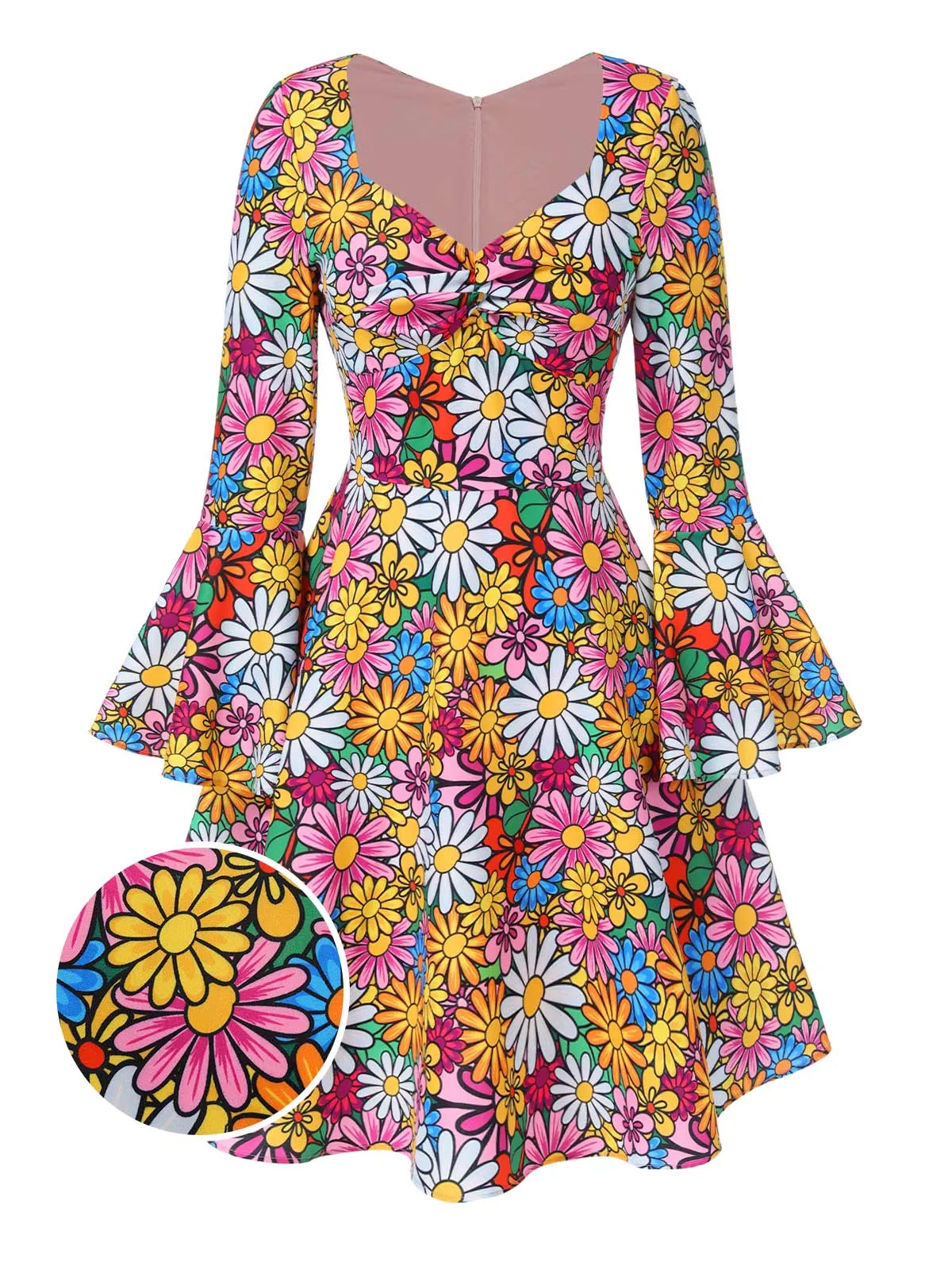 1960s Flare Sleeve Colorful Daisy Dress sold by Retro Stage product image thumbnail 4
