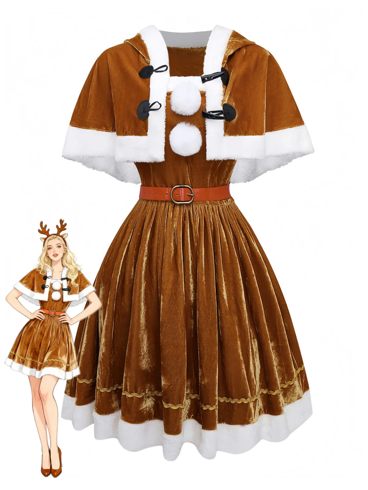 5PCS Brown 1940s Christmas Moose Cape & Velvet Dress sold by Retro Stage