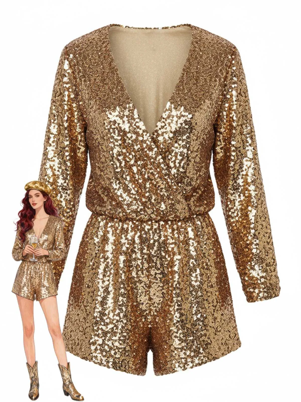 1970s V-Neck Sequin Long Sleeve Romper sold by Retro Stage