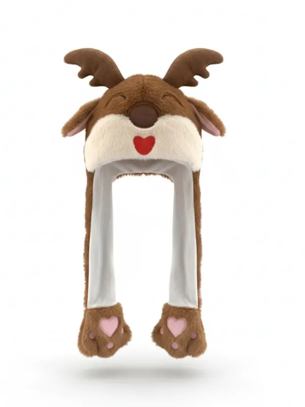 Brown Reindeer Heart-Paw Plush Hat with Moving Ears sold by Retro Stage