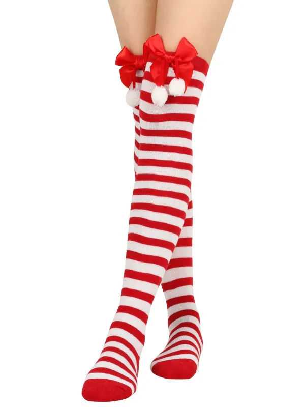 Christmas Striped Bow Pom-Poms Socks sold by Retro Stage