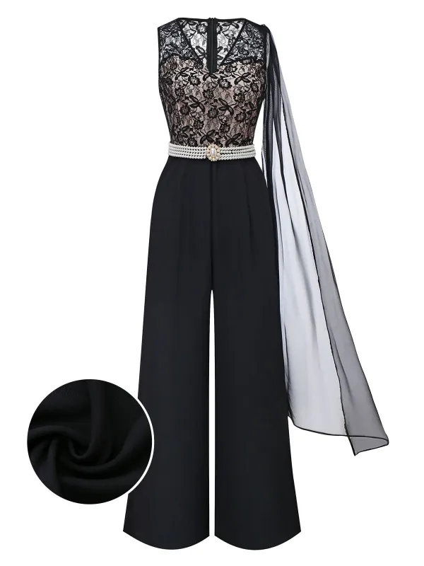 [Pre-Sale] Black 1950s Lace Bodice Pearl Belt Sheer Sleeve Jumpsuit sold by Retro Stage