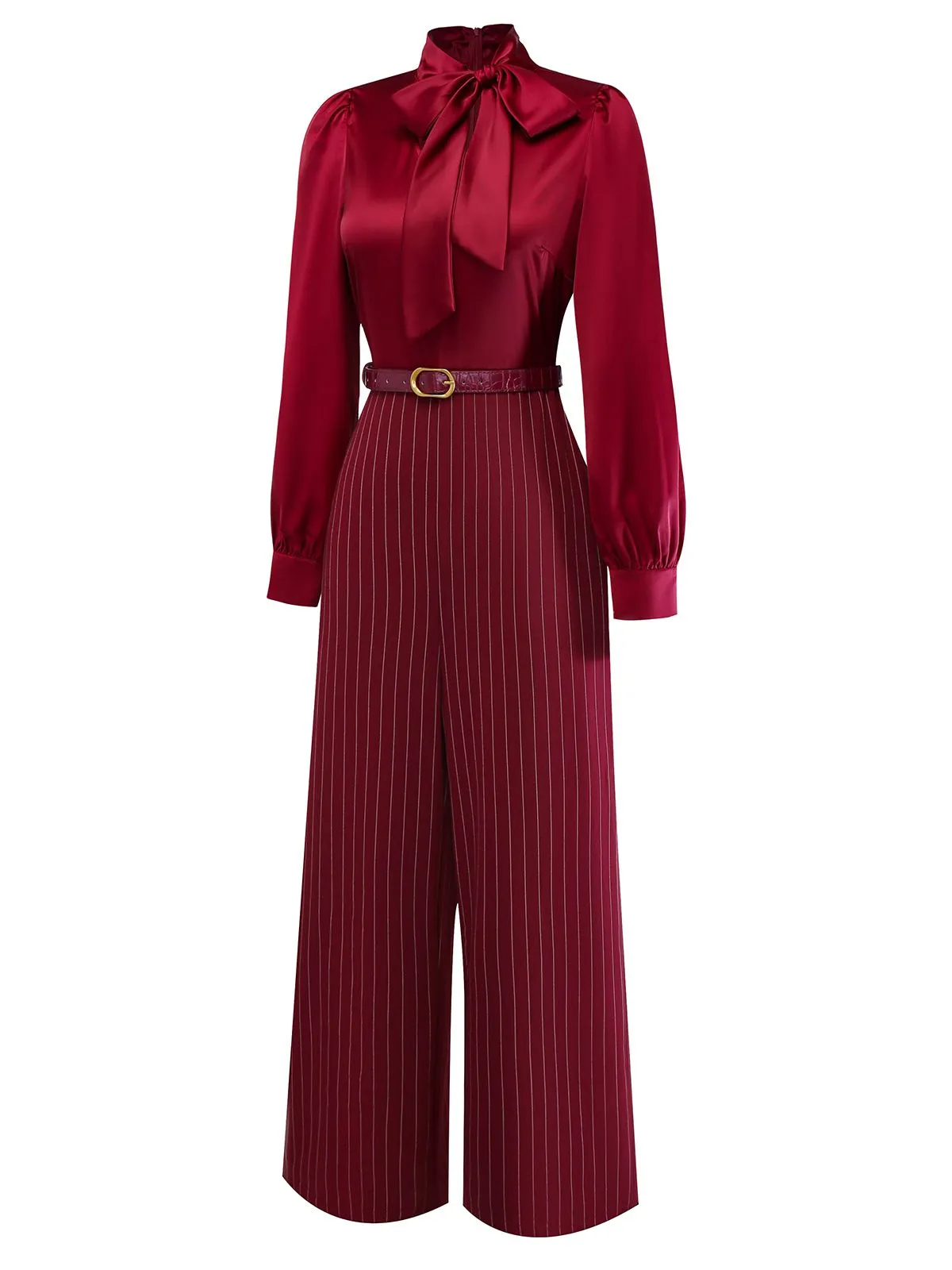 Burgundy 1940s Satin Bow Tie Striped Wide-Leg Jumpsuit sold by Retro Stage product image thumbnail 4