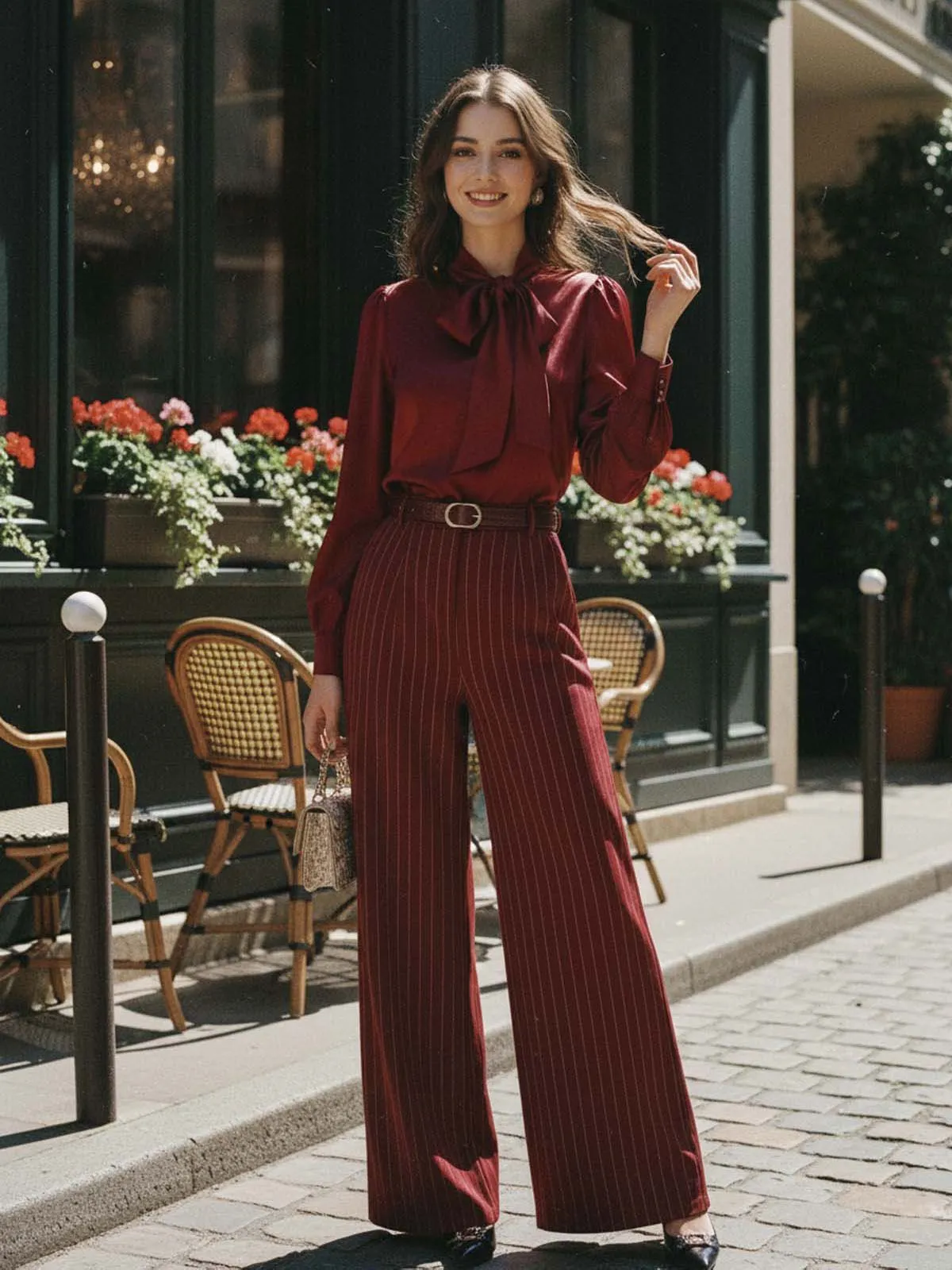 Burgundy 1940s Satin Bow Tie Striped Wide-Leg Jumpsuit sold by Retro Stage product image thumbnail 3