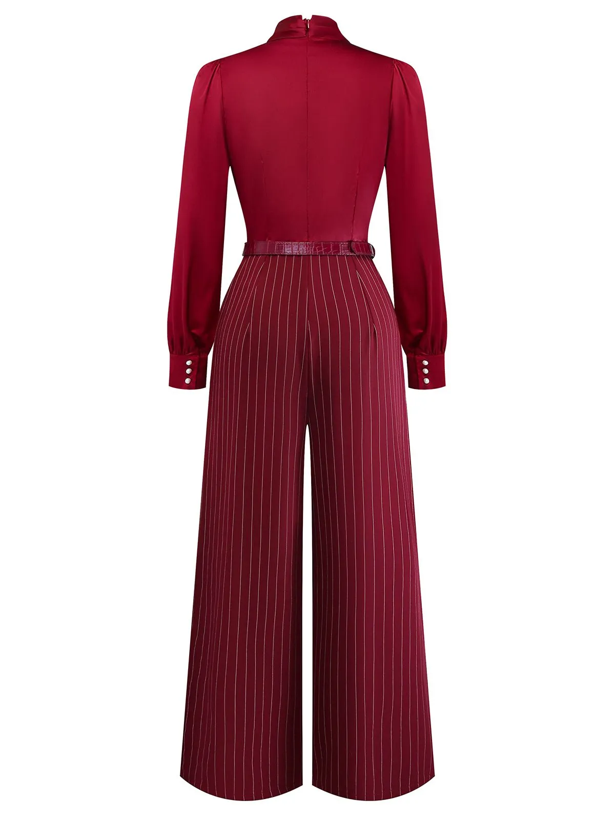 Burgundy 1940s Satin Bow Tie Striped Wide-Leg Jumpsuit sold by Retro Stage product image thumbnail 5