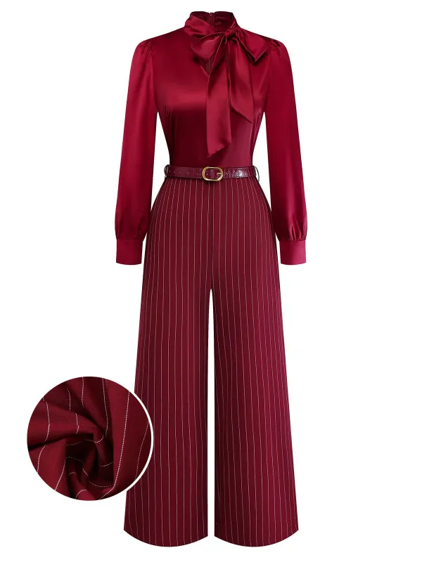 [Pre-Sale] Burgundy 1940s Satin Bow Tie Striped Wide-Leg Jumpsuit sold by Retro Stage