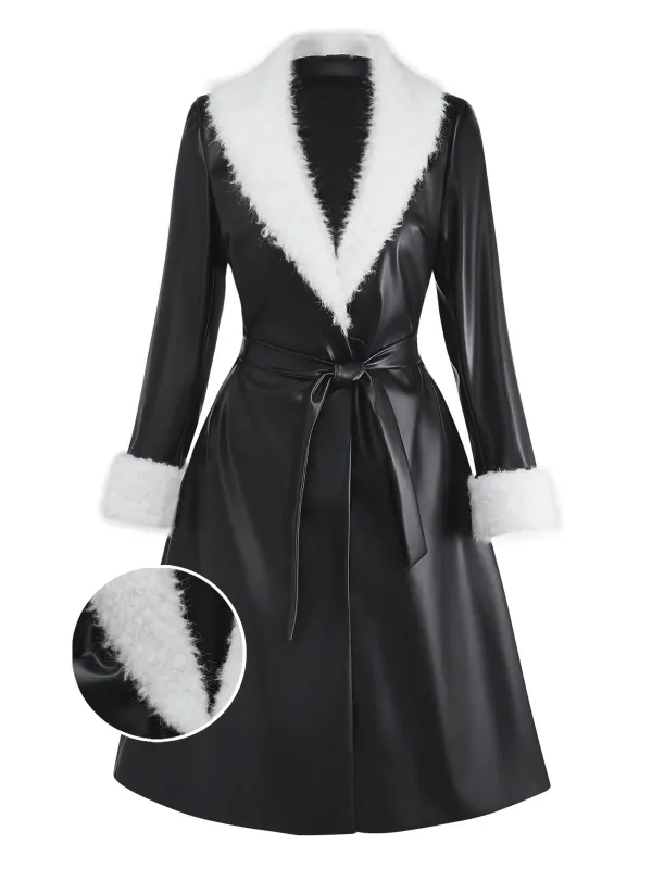 [Pre-Sale] Black 1940s Faux Leather Fur Trim Coat sold by Retro Stage