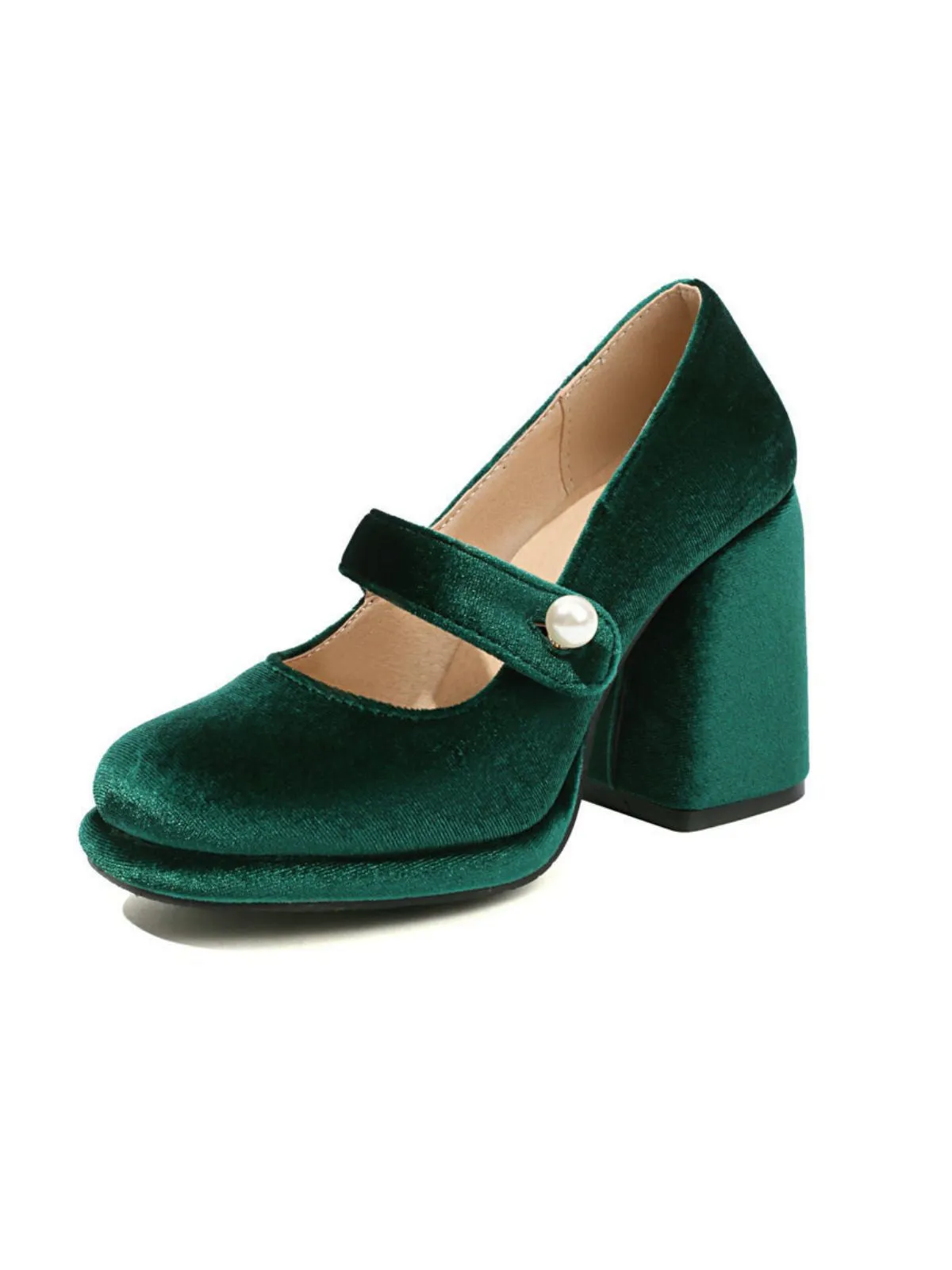 Mary Jane Velvet Pearl Button Chunky Heel Shoes sold by Retro Stage product image thumbnail 5