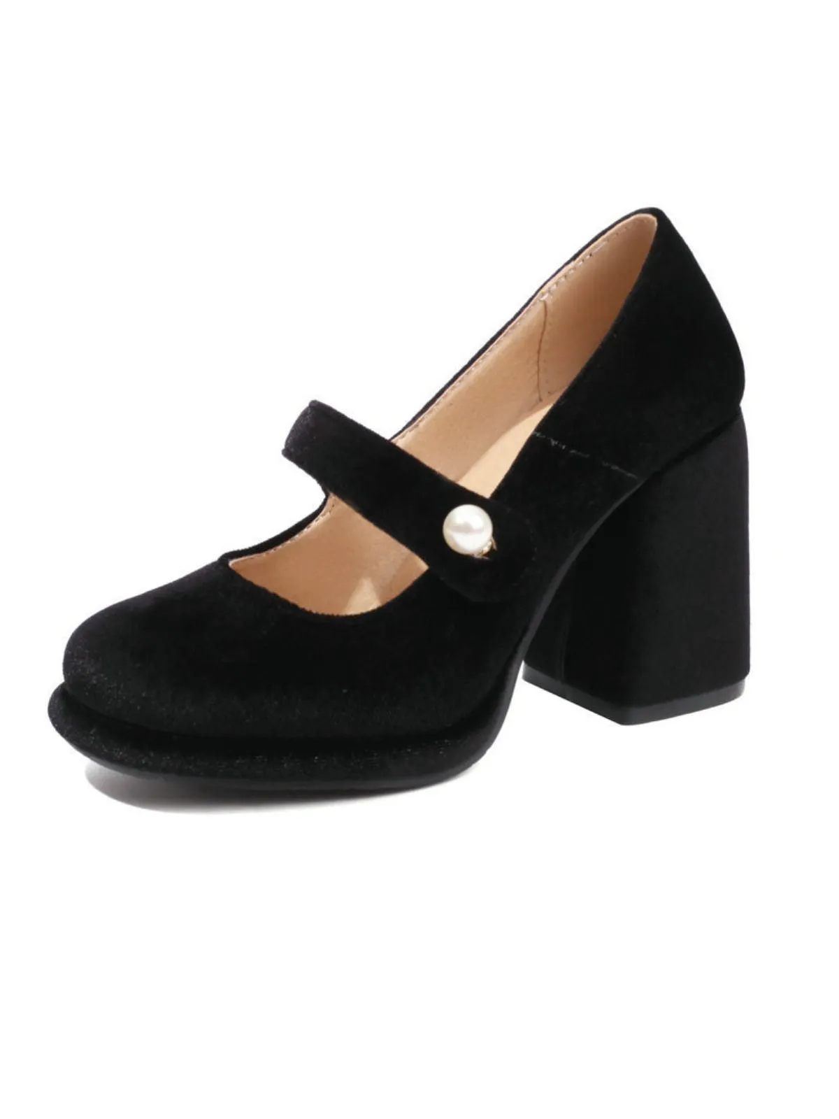 Mary Jane Velvet Pearl Button Chunky Heel Shoes sold by Retro Stage