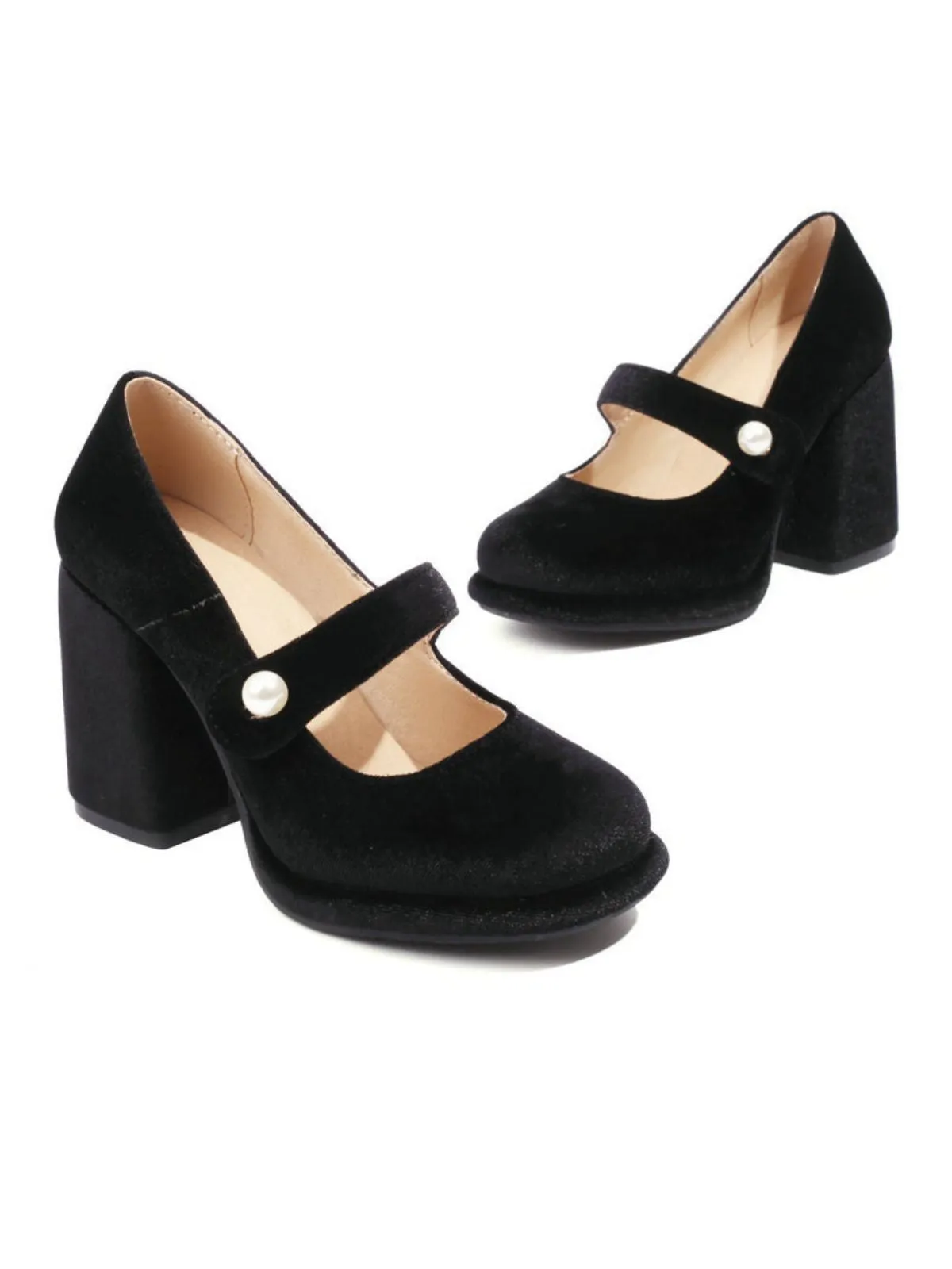Mary Jane Velvet Pearl Button Chunky Heel Shoes sold by Retro Stage product image thumbnail 4