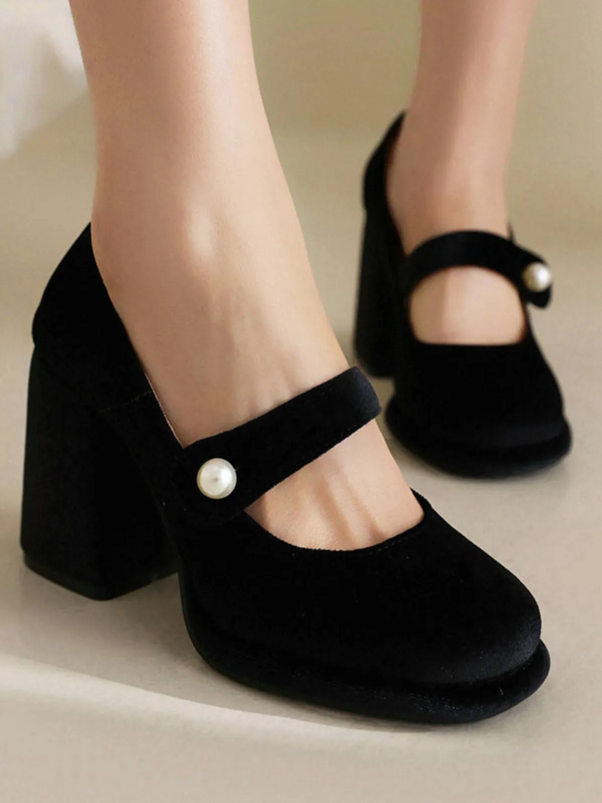 Mary Jane Velvet Pearl Button Chunky Heel Shoes sold by Retro Stage product image thumbnail 2