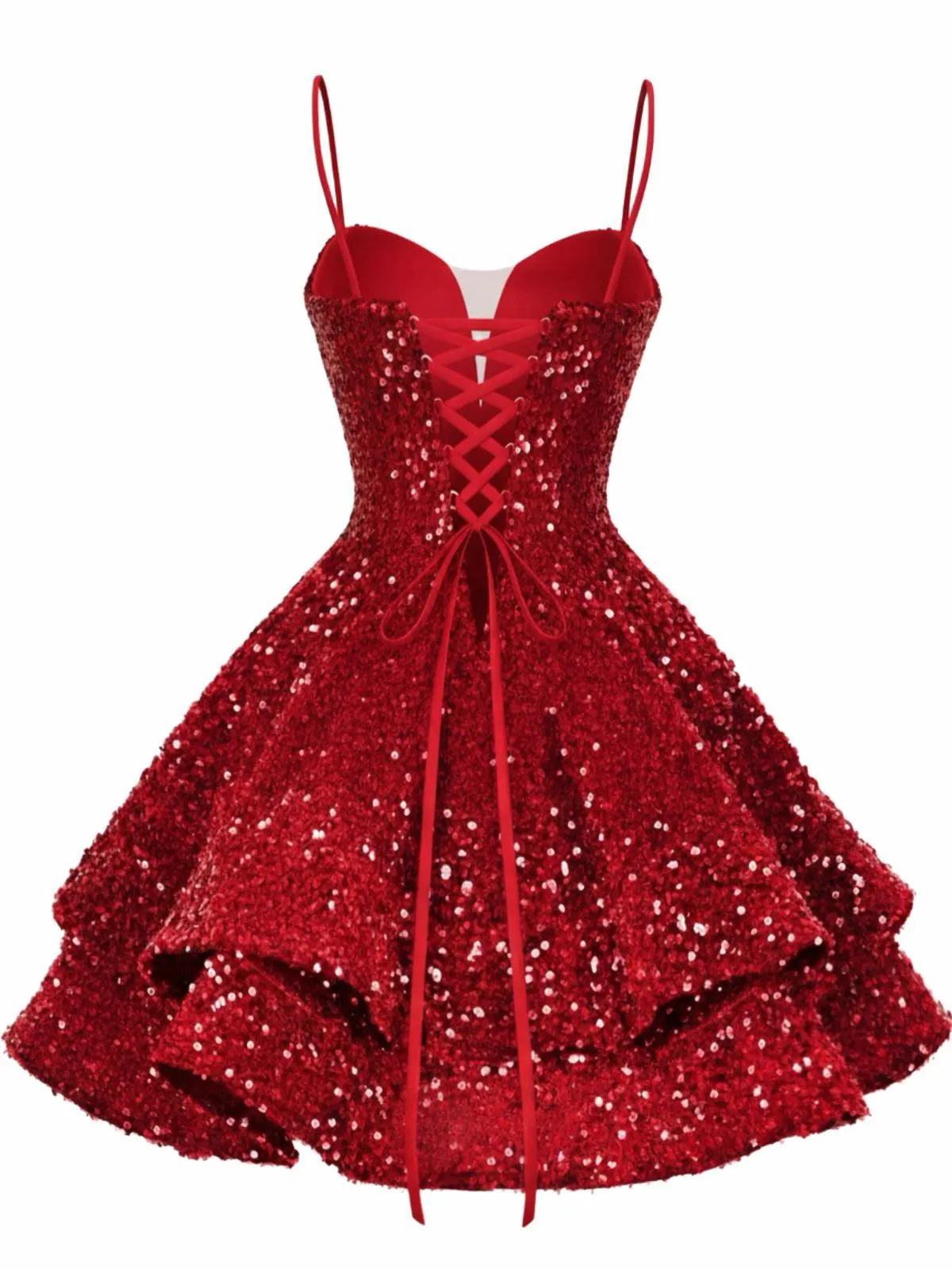 Red 1950s Sequin Deep V-Neck Lace-UP Mini Party Dress sold by Retro Stage product image thumbnail 3