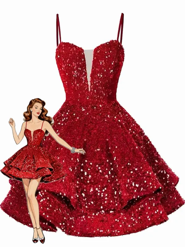 Red 1950s Sequin Deep V-Neck Lace-UP Mini Party Dress sold by Retro Stage