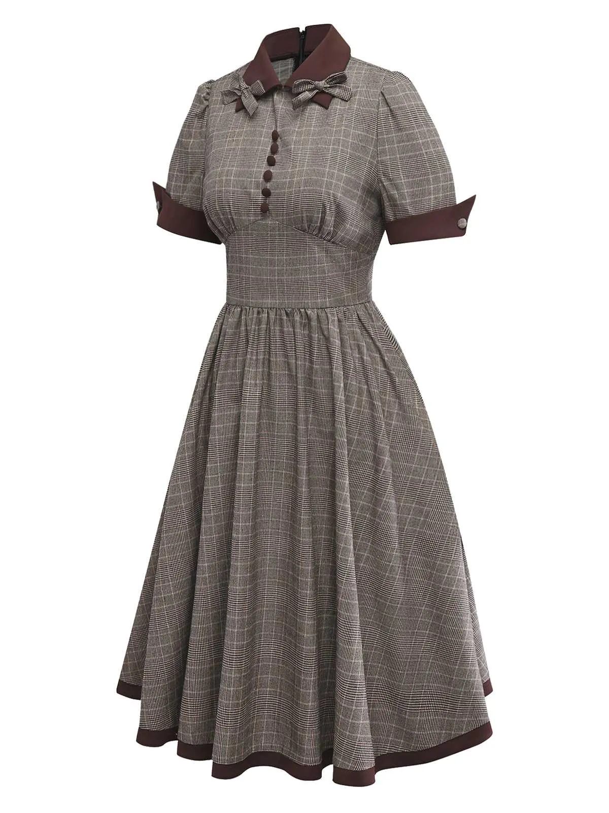 Brown 1950s Lapel Plaid Bow Dress sold by Retro Stage product image thumbnail 3