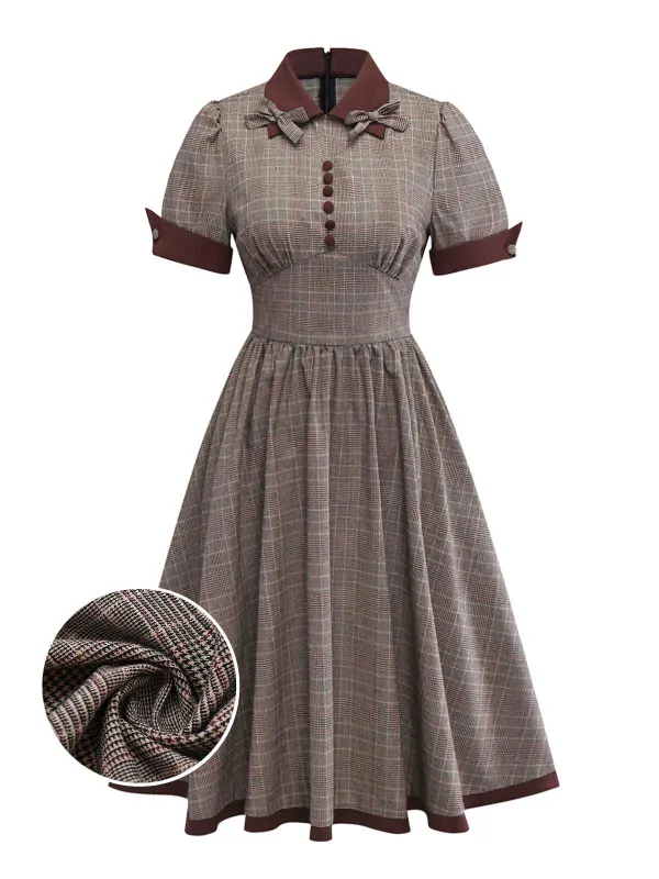 [Pre-Sale] Brown 1950s Lapel Plaid Bow Dress sold by Retro Stage