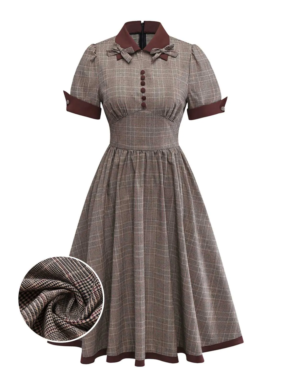 Brown 1950s Lapel Plaid Bow Dress sold by Retro Stage