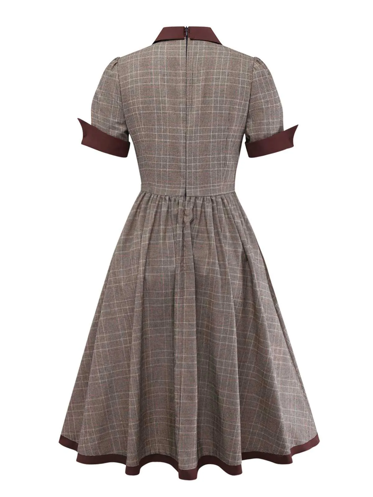 Brown 1950s Lapel Plaid Bow Dress sold by Retro Stage product image thumbnail 4