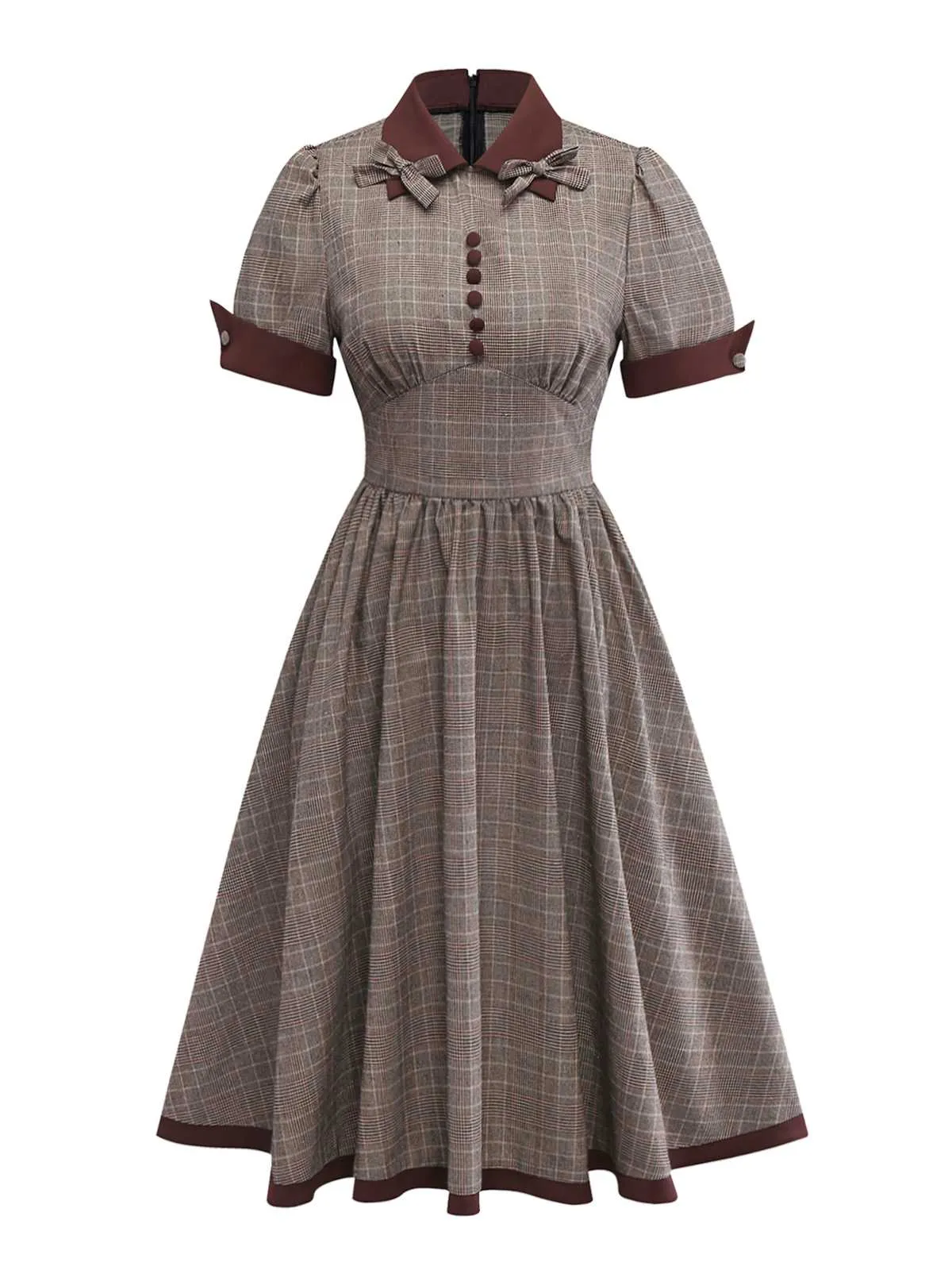 Brown 1950s Lapel Plaid Bow Dress sold by Retro Stage product image thumbnail 2