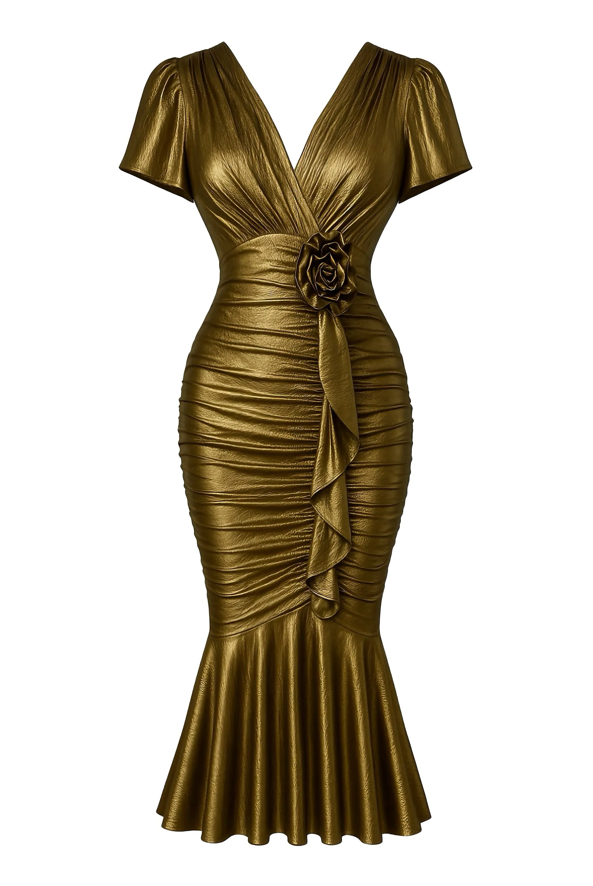 1930s Metallic Textured Floral Cinched Waist Fishtail Dress sold by Retro Stage product image thumbnail 2