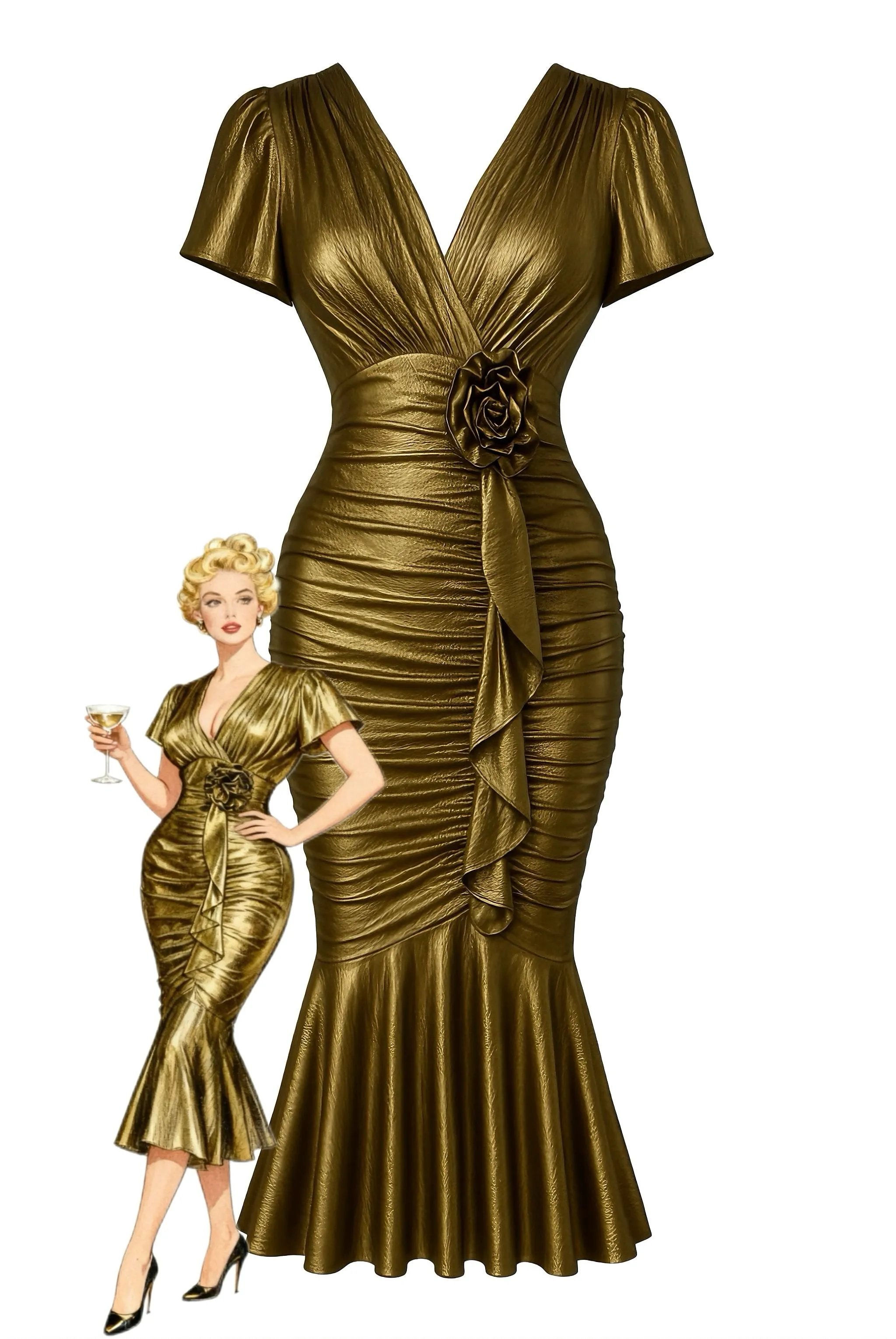 1930s Metallic Textured Floral Cinched Waist Fishtail Dress sold by Retro Stage