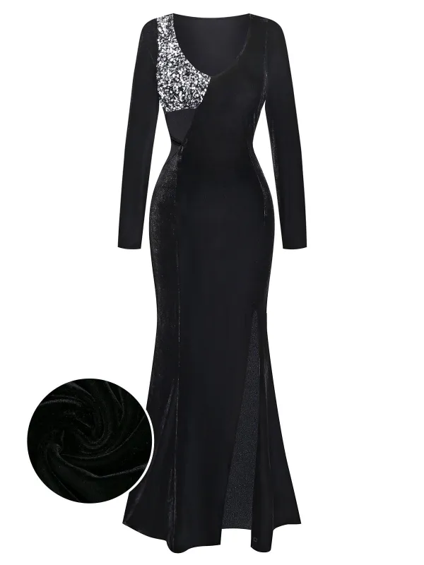 [Pre-Sale] Black 1930s Sequined Velvet Cutout Slit Fishtail Dress sold by Retro Stage
