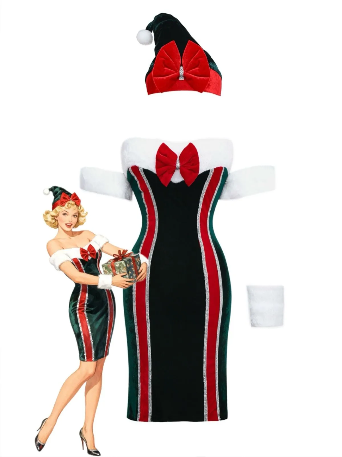 1960s Strapless Velvet Christmas Fur Trim Bow Dress Set sold by Retro Stage