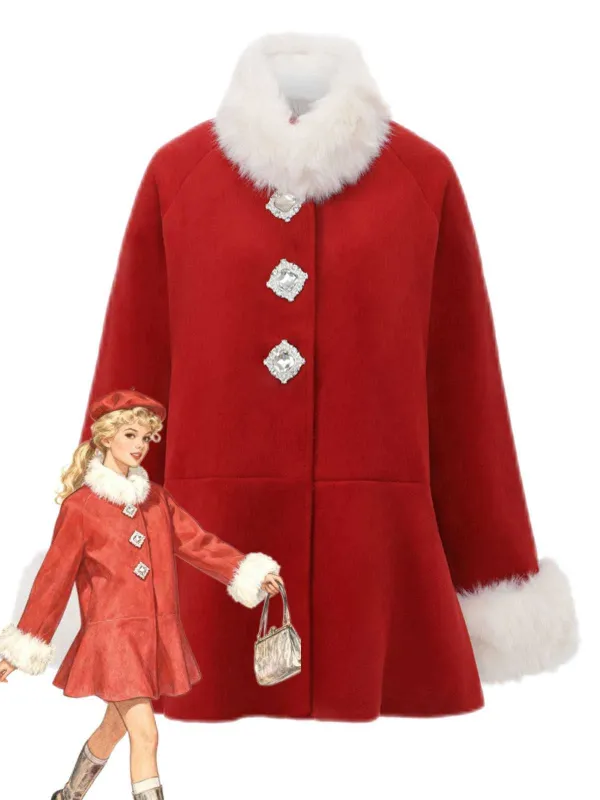 Red 1980s Faux Fur Trim Crystal Button Coat sold by Retro Stage