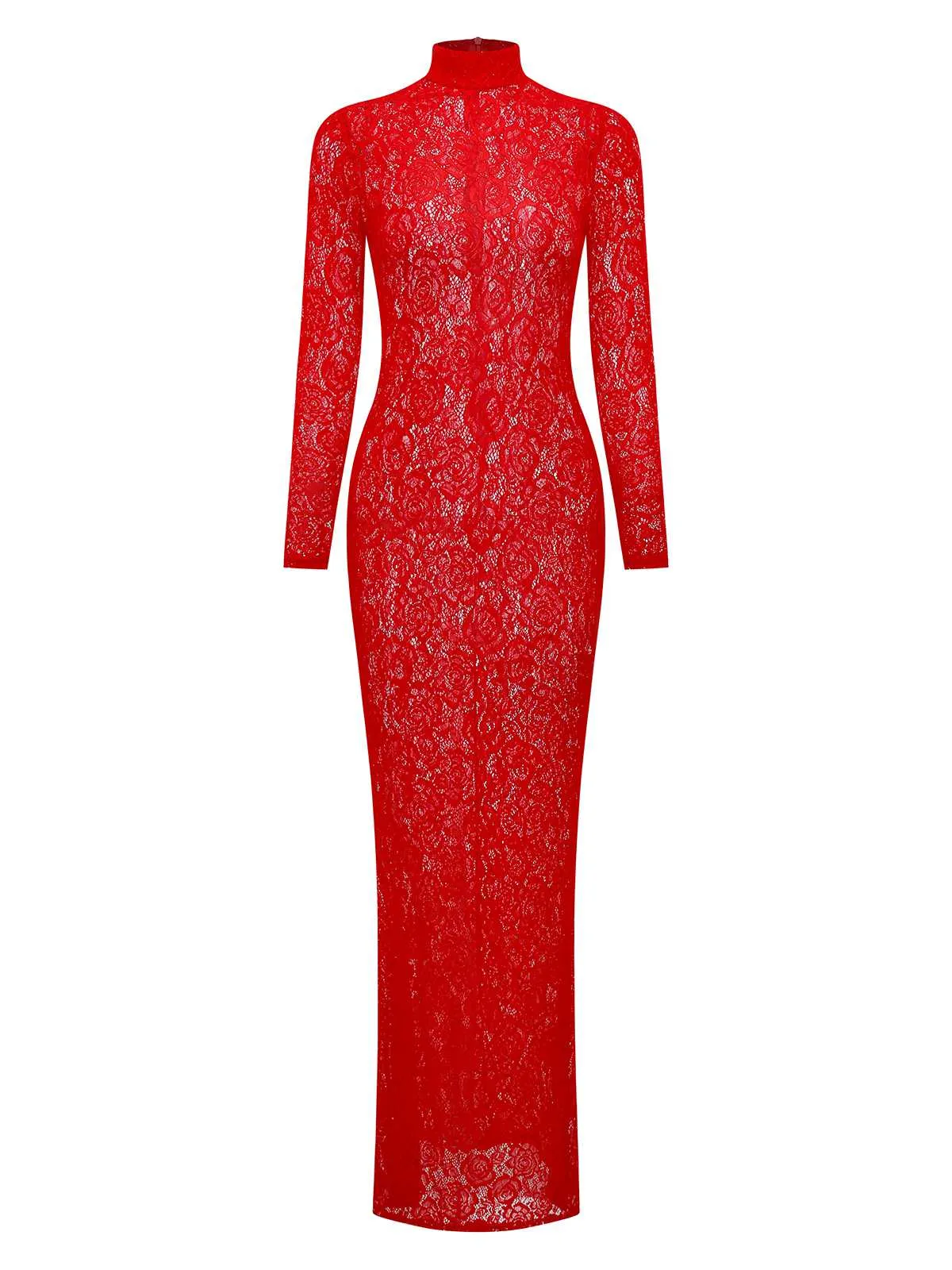 Red 1980s High Neck Sheer Lace Bodycon Maxi Dress sold by Retro Stage product image thumbnail 2