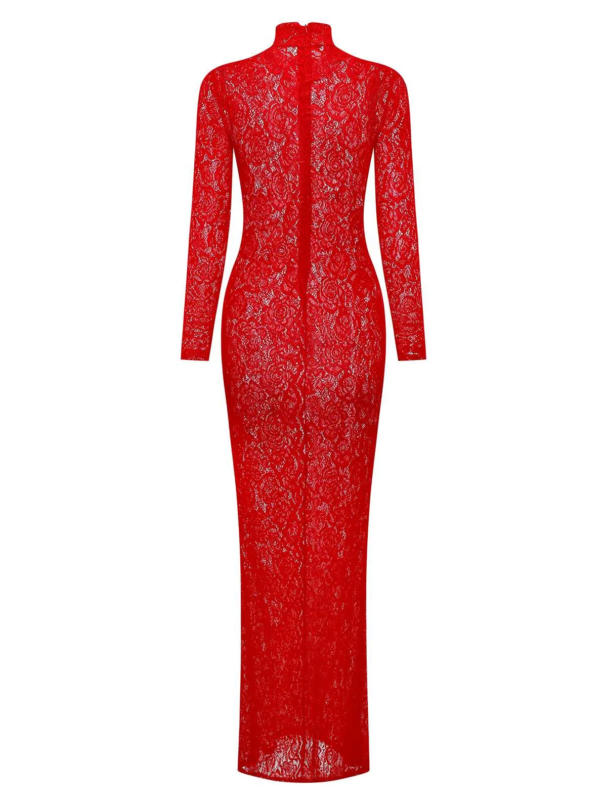 Red 1980s High Neck Sheer Lace Bodycon Maxi Dress sold by Retro Stage product image thumbnail 3