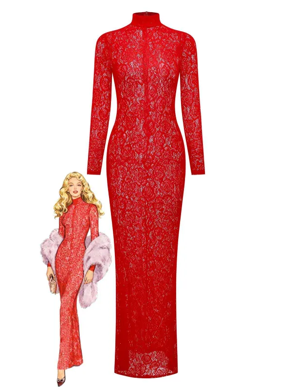 Red 1980s High Neck Sheer Lace Bodycon Maxi Dress sold by Retro Stage