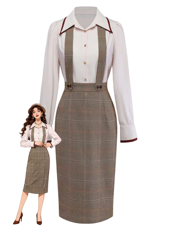 [Pre-Sale] 2PCS Beige 1960s Contrasted Blouse & Houndstooth Suspender Skirt sold by Retro Stage