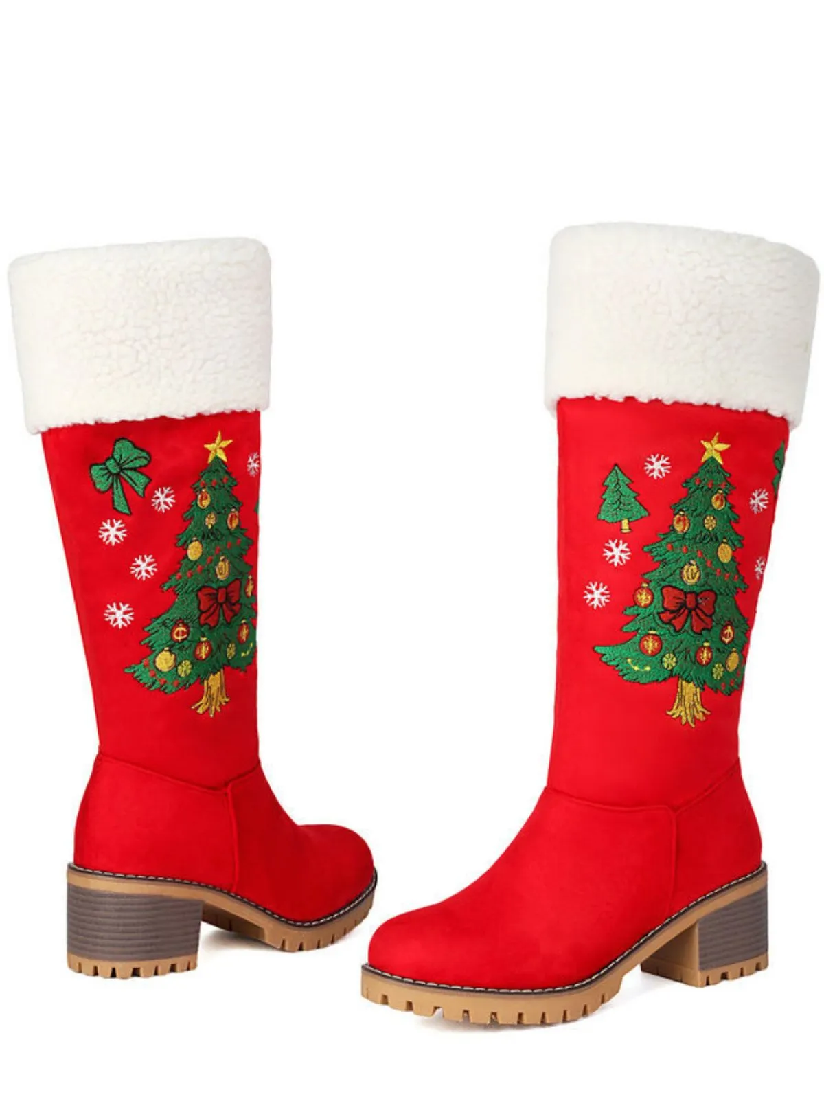 Red Embroidered Christmas Tree Fuzzy Snow Boots sold by Retro Stage