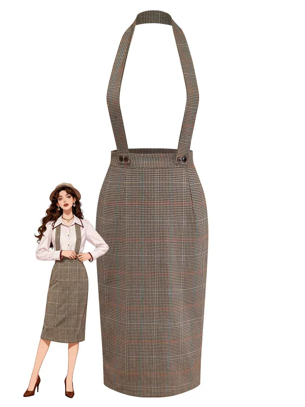 [Pre-Sale] Brown 1960s Houndstooth Suspender Pencil Skirt sold by Retro Stage