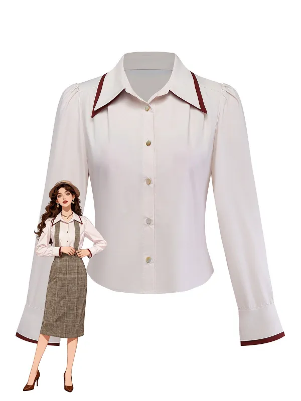 [Pre-Sale] Beige 1960s Slit Sleeve Contrasted Lapel Blouse sold by Retro Stage