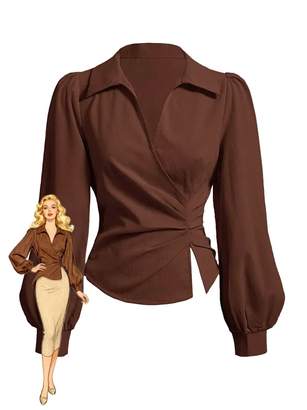 Coffee 1930s Lapel V-Neck Fitted Waist Lantern Sleeve Blouse sold by Retro Stage
