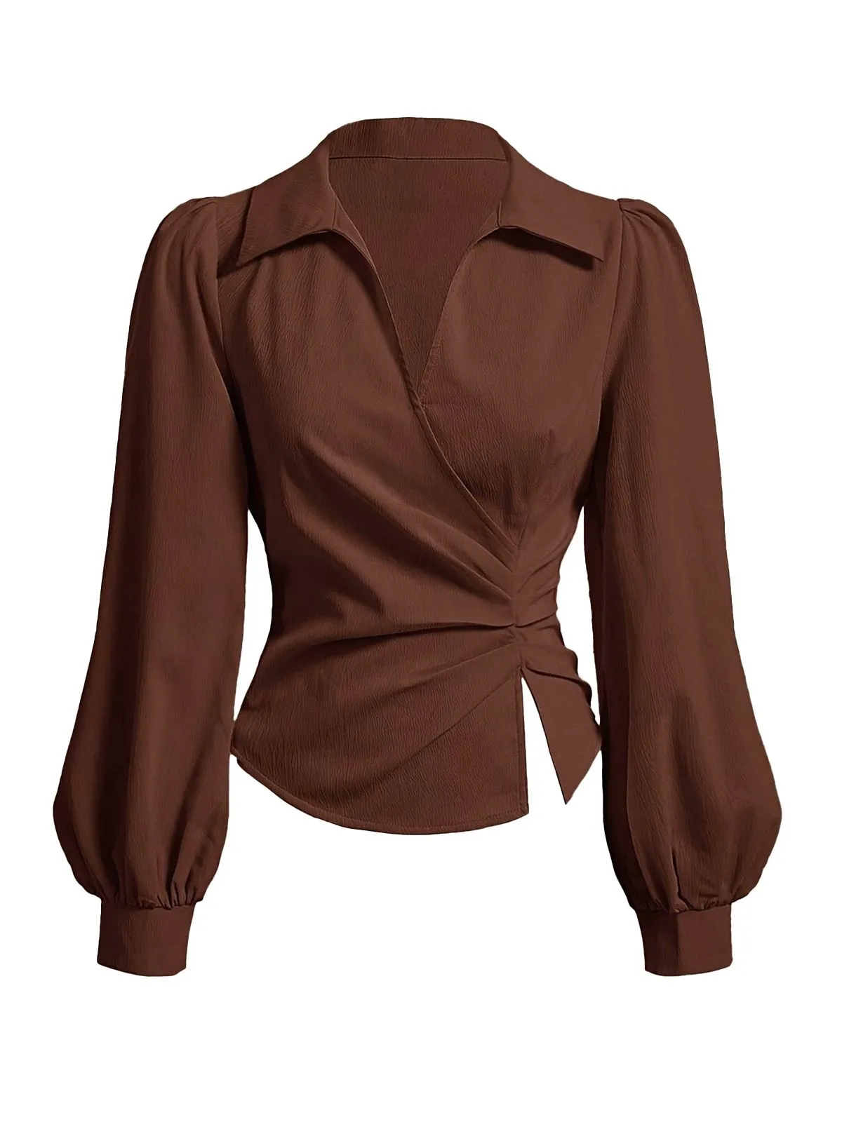 Coffee 1930s Lapel V-Neck Fitted Waist Lantern Sleeve Blouse sold by Retro Stage product image thumbnail 2