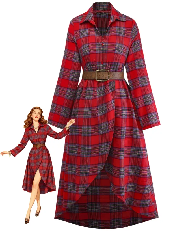 1940s Tartan Plaid Long Sleeve Belted Shirt Dress sold by Retro Stage