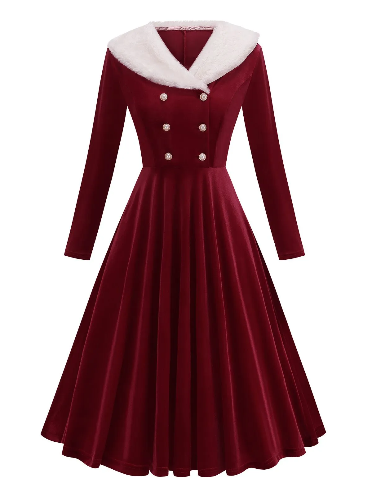 Red 1950s Christmas Velvet Santa Fur Collar Pearl Dress sold by Retro Stage product image thumbnail 2
