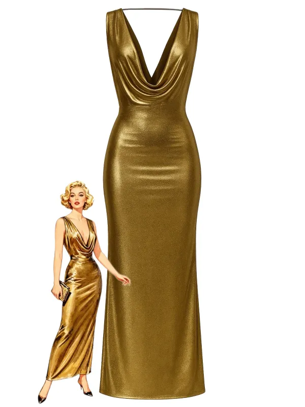 1970s Metallic Cowl Deep V-Neck Bodycon Dress sold by Retro Stage