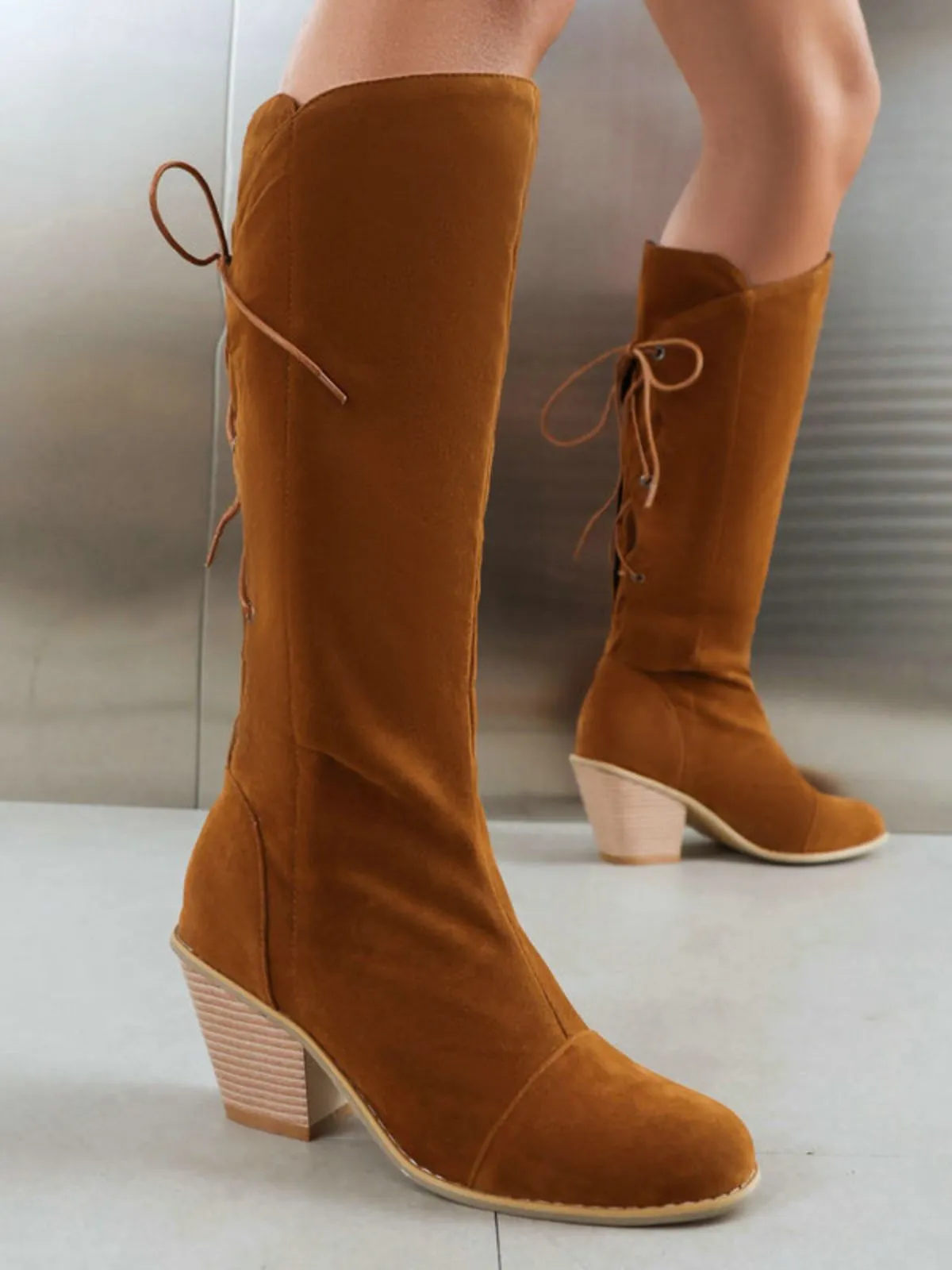 Suede Knee Lace-Up Block Heel Boots sold by Retro Stage product image thumbnail 4
