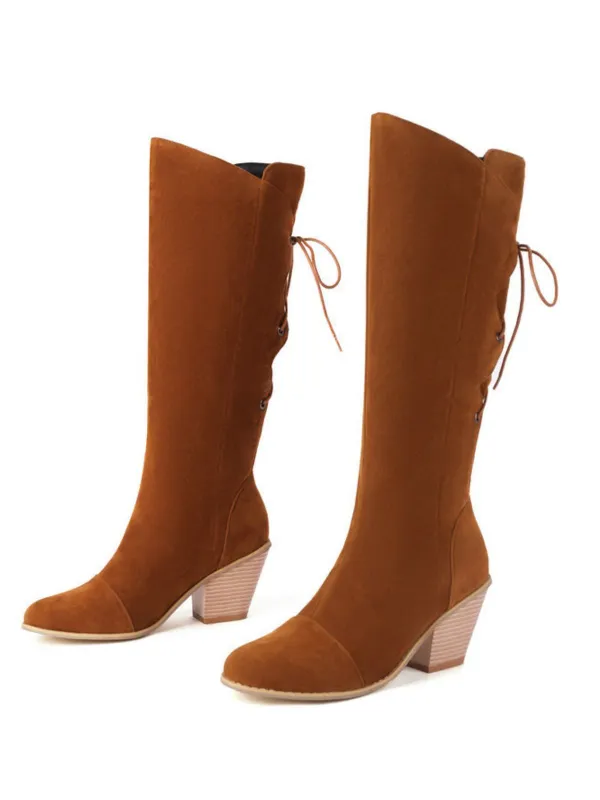 Suede Knee Lace-Up Block Heel Boots sold by Retro Stage