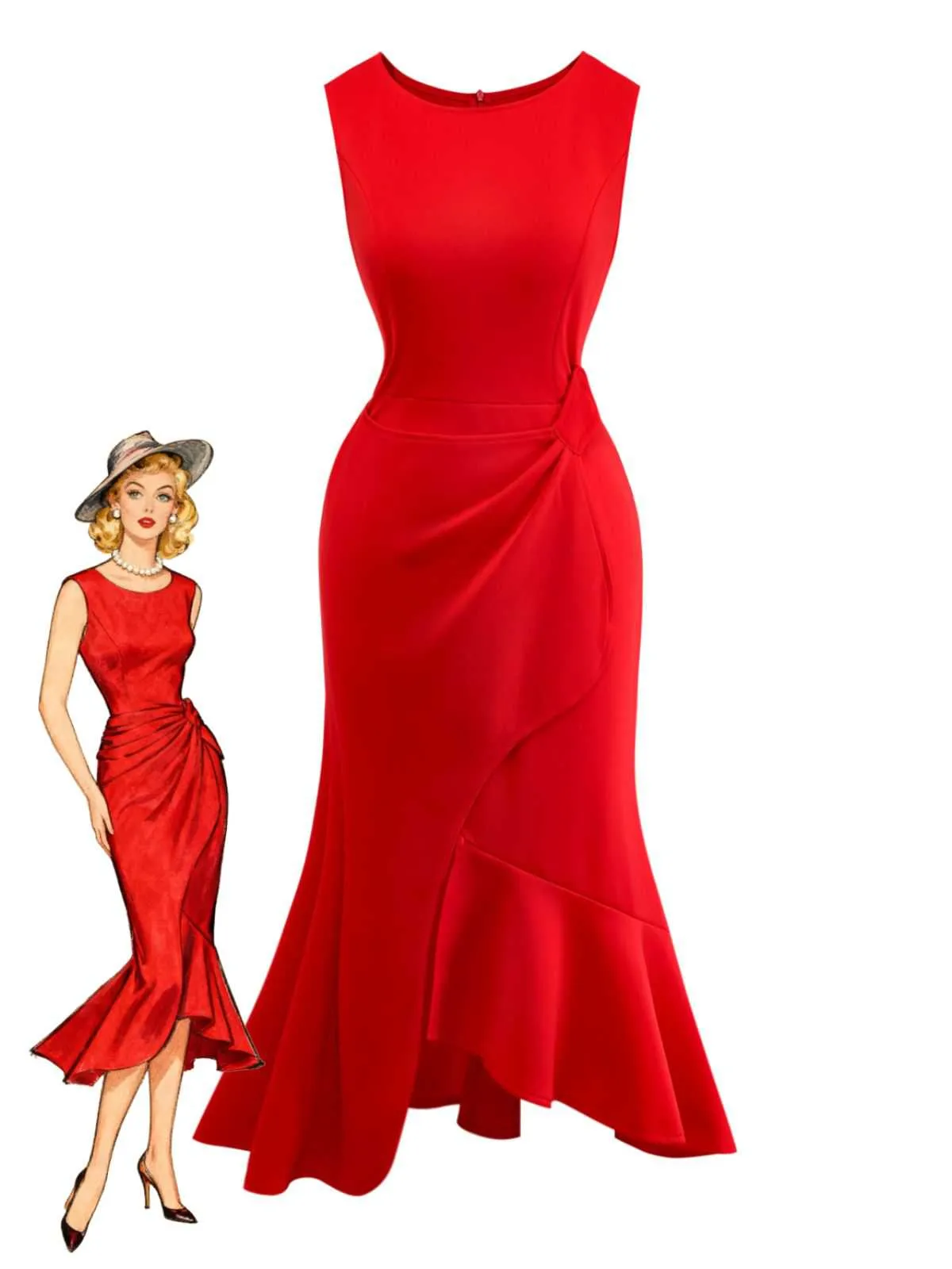 Red 1960s Ruffle Hem Asymmetric Sleeveless Dress sold by Retro Stage