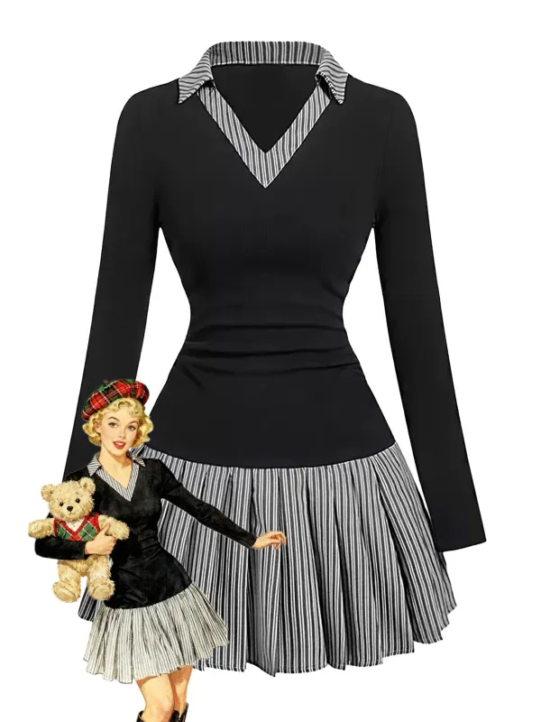 1960s V-Neck Striped Pleated Fake Two-Piece Dress sold by Retro Stage